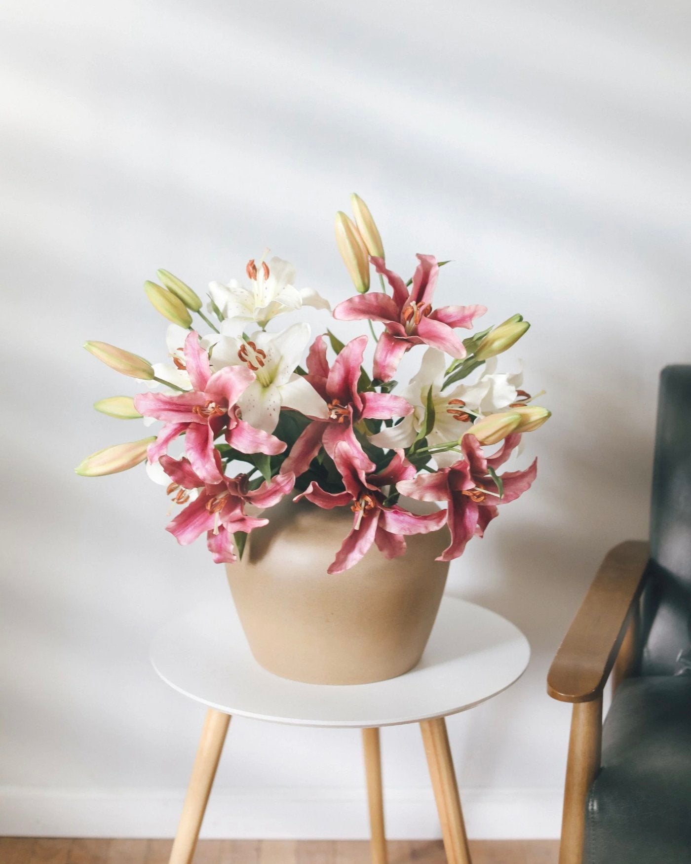 Prestige Botanicals Artificial Stargazer Lilies in a white vase